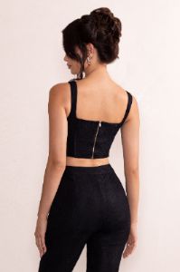 Cyra | Black Lace Square Neck Curved Hem Corset Crop Top sold by Club L London