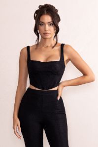 Cyra | Black Lace Square Neck Curved Hem Corset Crop Top sold by Club L London