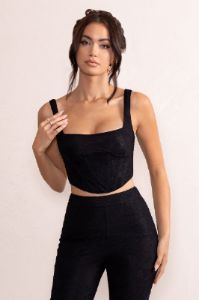 Cyra | Black Lace Square Neck Curved Hem Corset Crop Top sold by Club L London