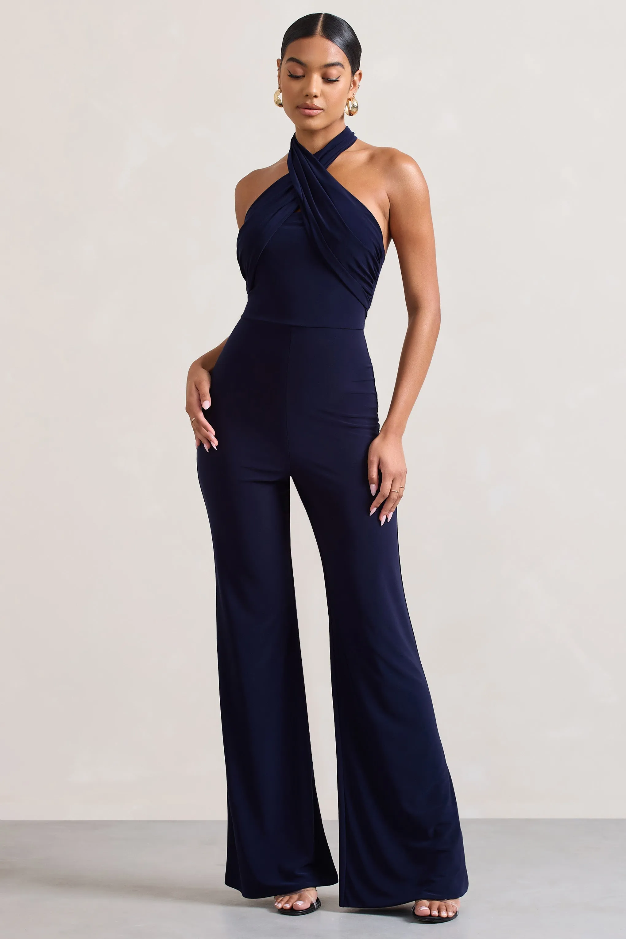 Goddess | Navy Halter Neck Flare Jumpsuit sold by Club L London product image thumbnail 4