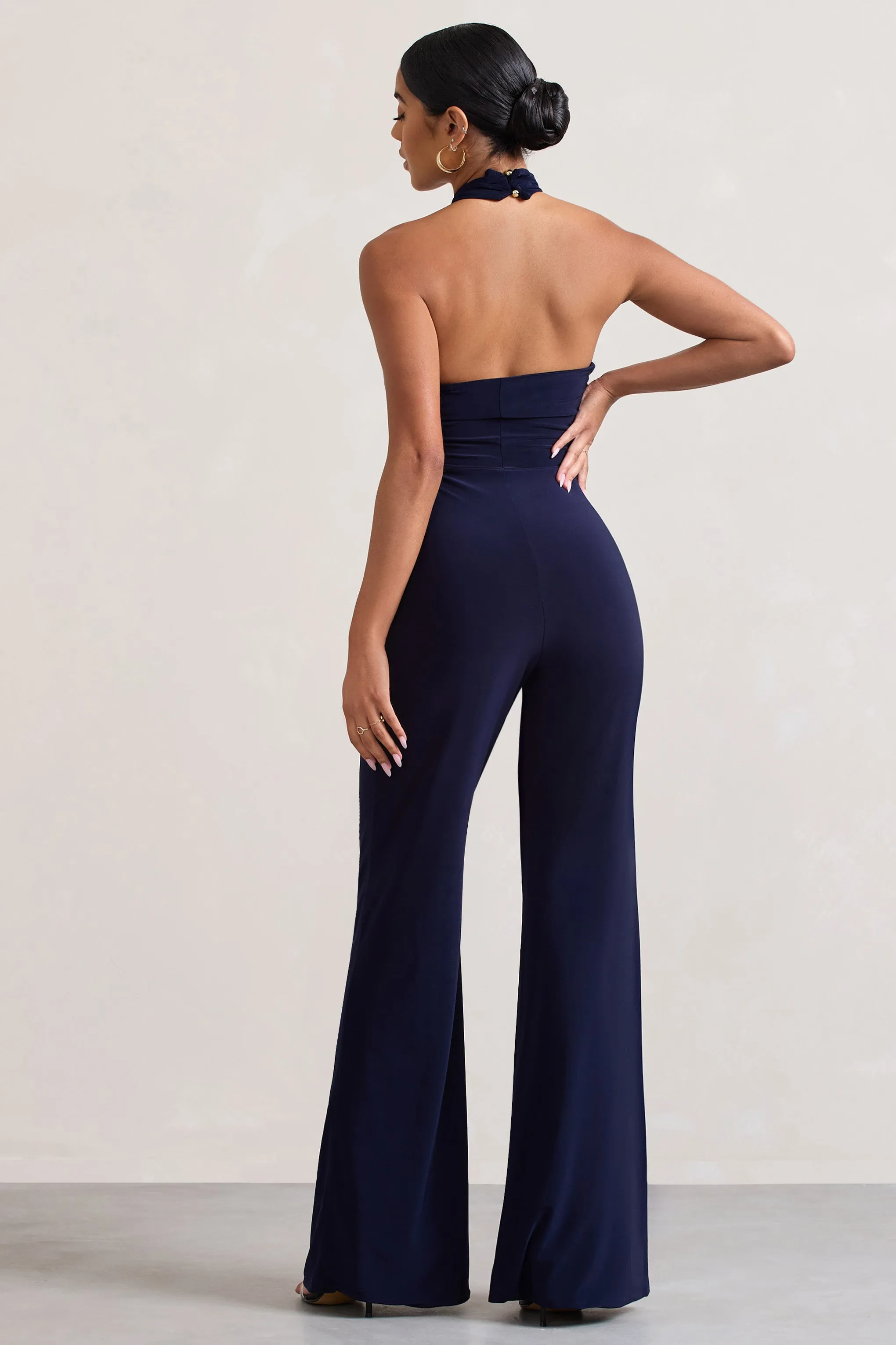 Goddess | Navy Halter Neck Flare Jumpsuit sold by Club L London product image thumbnail 2