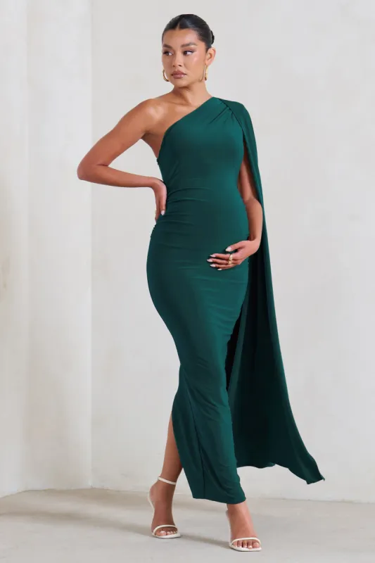 Amaryllis | Bottle Green Maternity One Shoulder Maxi Dress with Cape Sleeve sold by Club L London