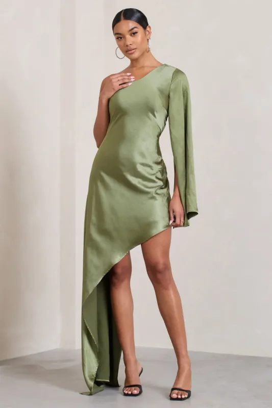 Hanna | Olive Asymmetric Draped Satin Mini Dress sold by Club L London