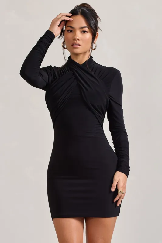 Eve | Black Crossed-Neck Long-Sleeved Bodycon Mini Dress sold by Club L London