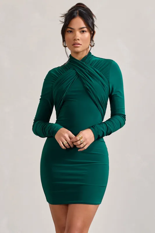 Eve | Bottle Green Crossed-Neck Long-Sleeved Bodycon Mini Dress sold by Club L London