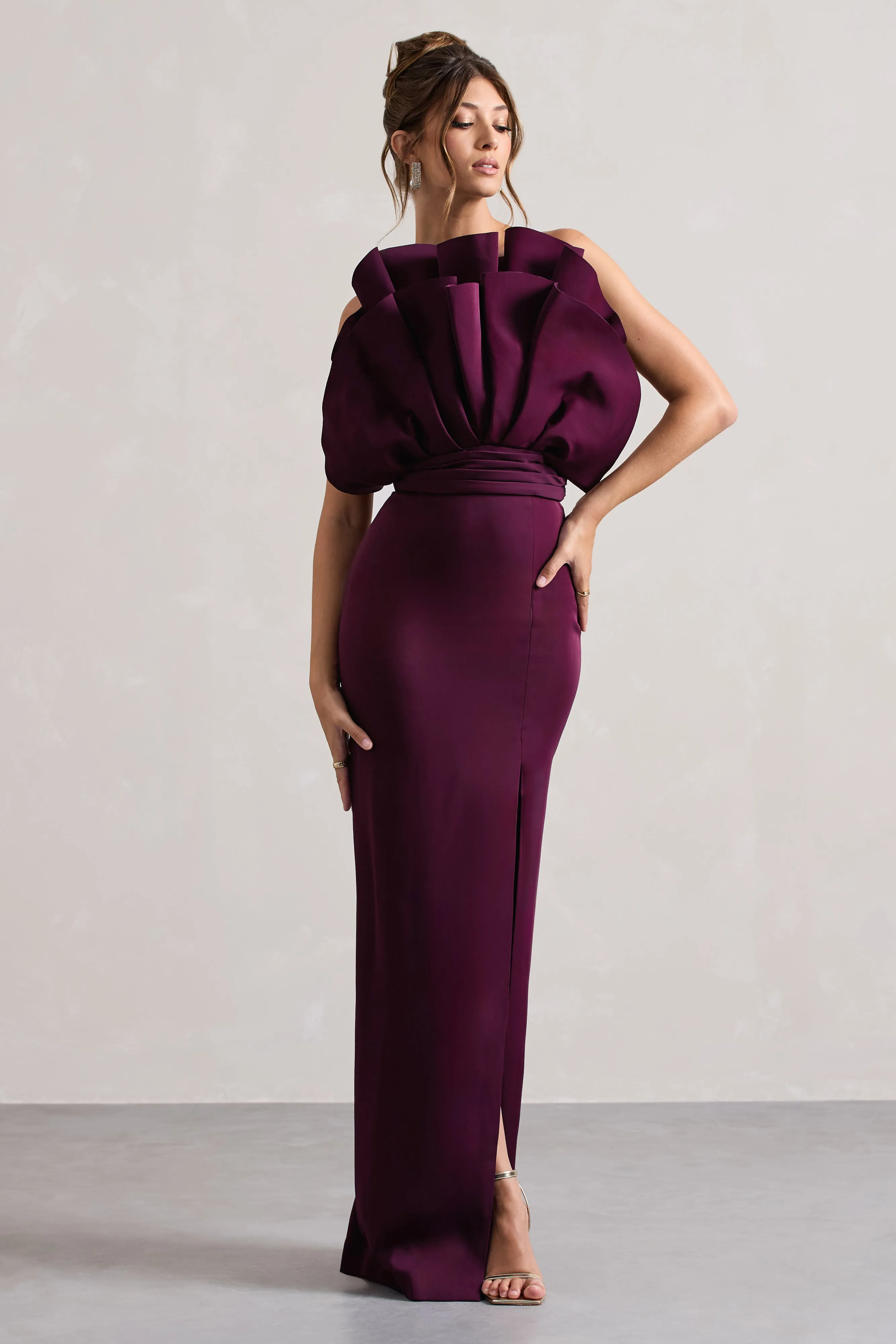 Set The Bar | Plum Ruffled Strapless Split Maxi Dress sold by Club L London product image thumbnail 5