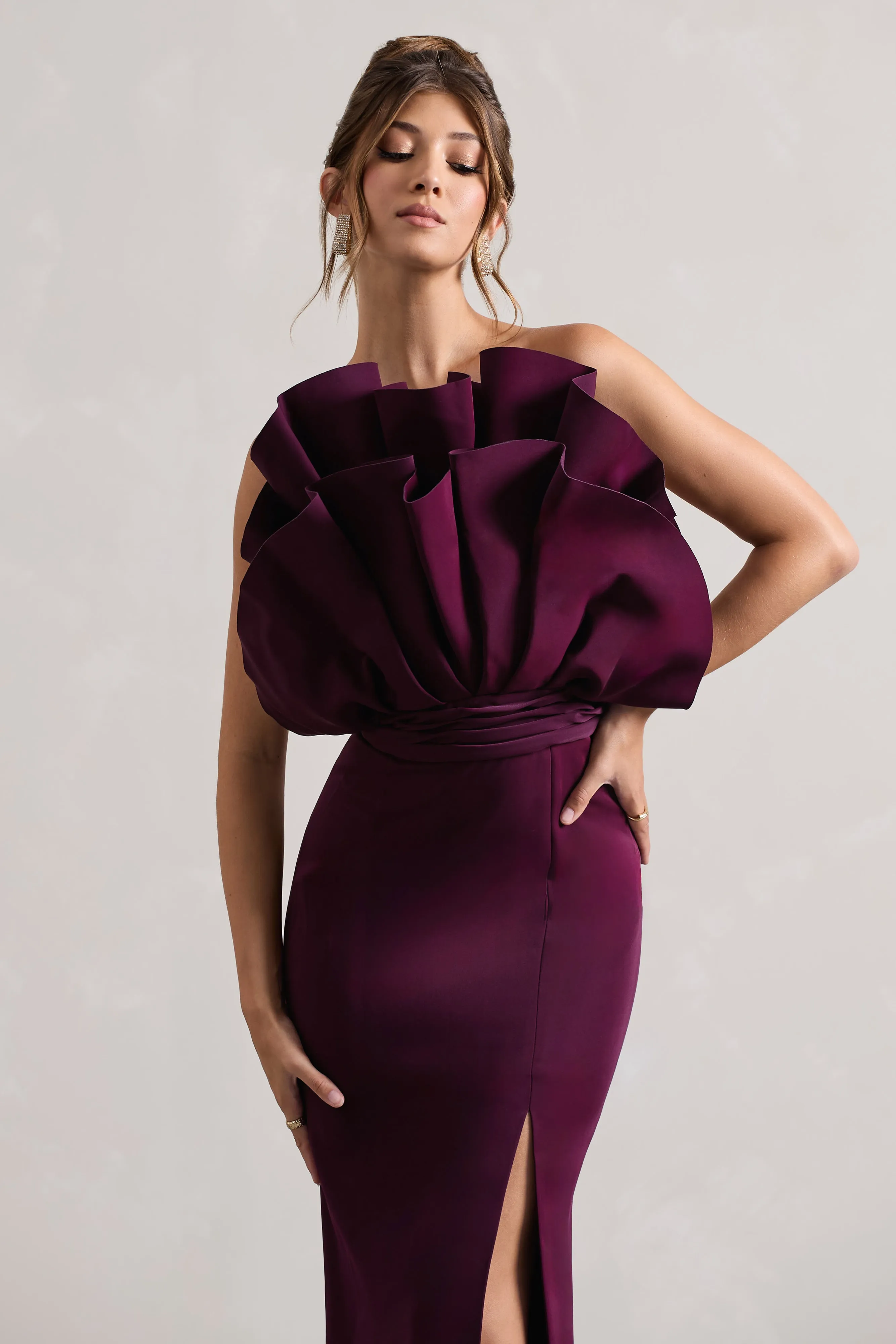 Set The Bar | Plum Ruffled Strapless Split Maxi Dress sold by Club L London product image thumbnail 3
