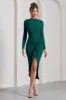 Dolce Vita | Bottle Green Long-Sleeve Ruffle Asymmetric Split Midi Dress sold by Club L London
