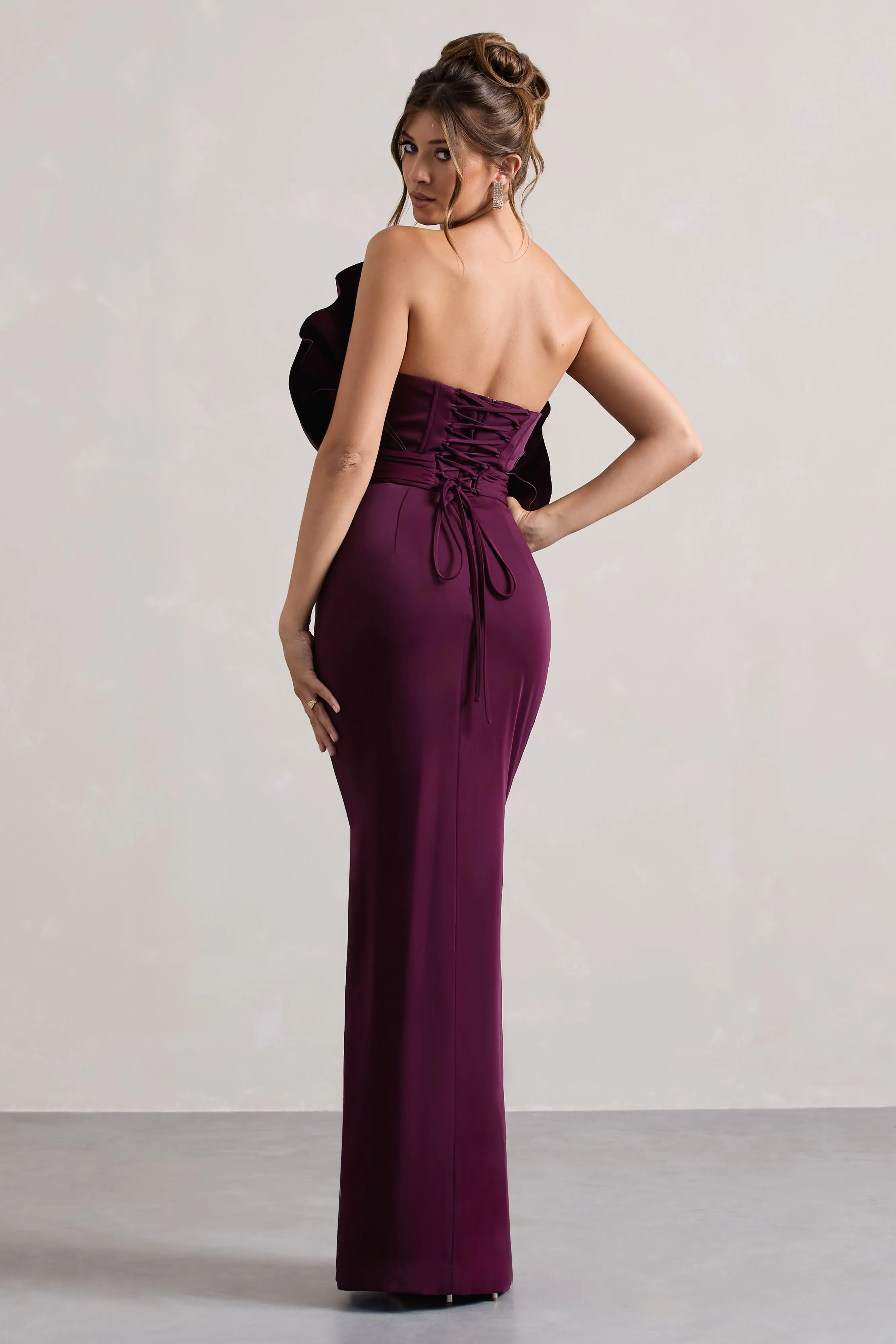 Set The Bar | Plum Ruffled Strapless Split Maxi Dress sold by Club L London product image thumbnail 2