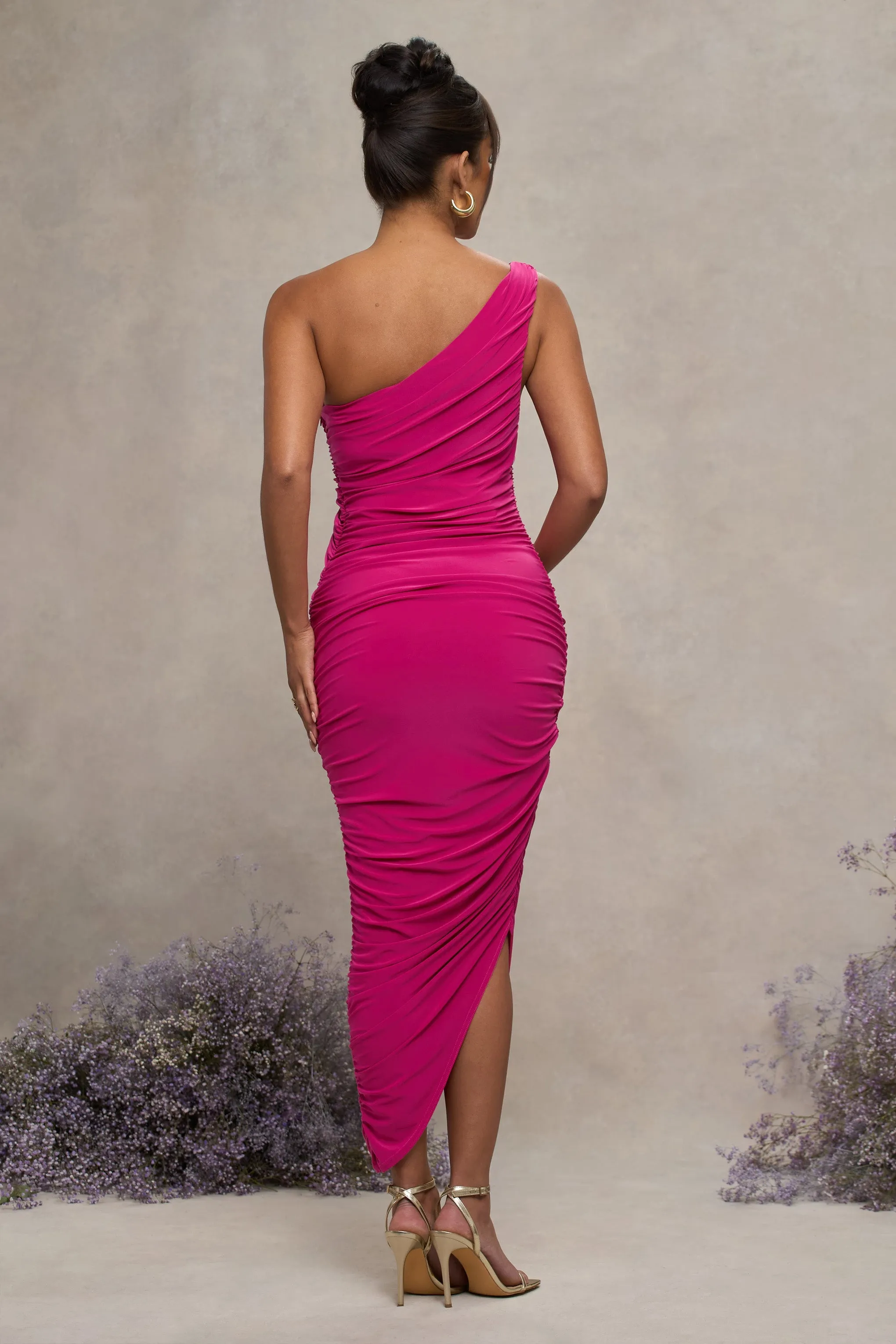 Late Night | Hot Pink Maternity Ruched One Shoulder Midi Dress sold by Club L London product image thumbnail 2