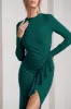 Dolce Vita | Bottle Green Long-Sleeve Ruffle Asymmetric Split Midi Dress sold by Club L London