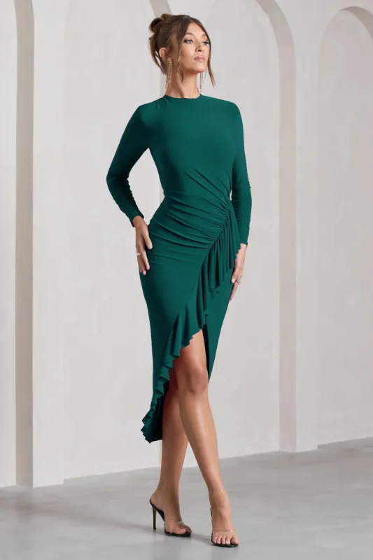 Dolce Vita | Bottle Green Long-Sleeve Ruffle Asymmetric Split Midi Dress sold by Club L London
