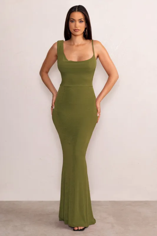 Phantasy | Olive Asymmetric Neckline Cowl Maxi Dress sold by Club L London
