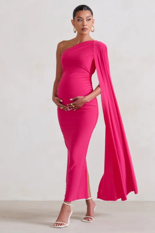 Amaryllis | Hot Pink Maternity One Shoulder Maxi Dress with Cape Sleeve sold by Club L London