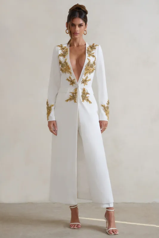 Matilda | White Plunge Floor Length Jacket with Gold Embroidery sold by Club L London