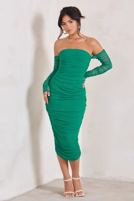 Sorella | Green Ruched Mesh Bardot Midi Dress sold by Club L London