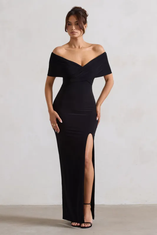 Refined | Black Twist Front Bardot Maxi Dress sold by Club L London