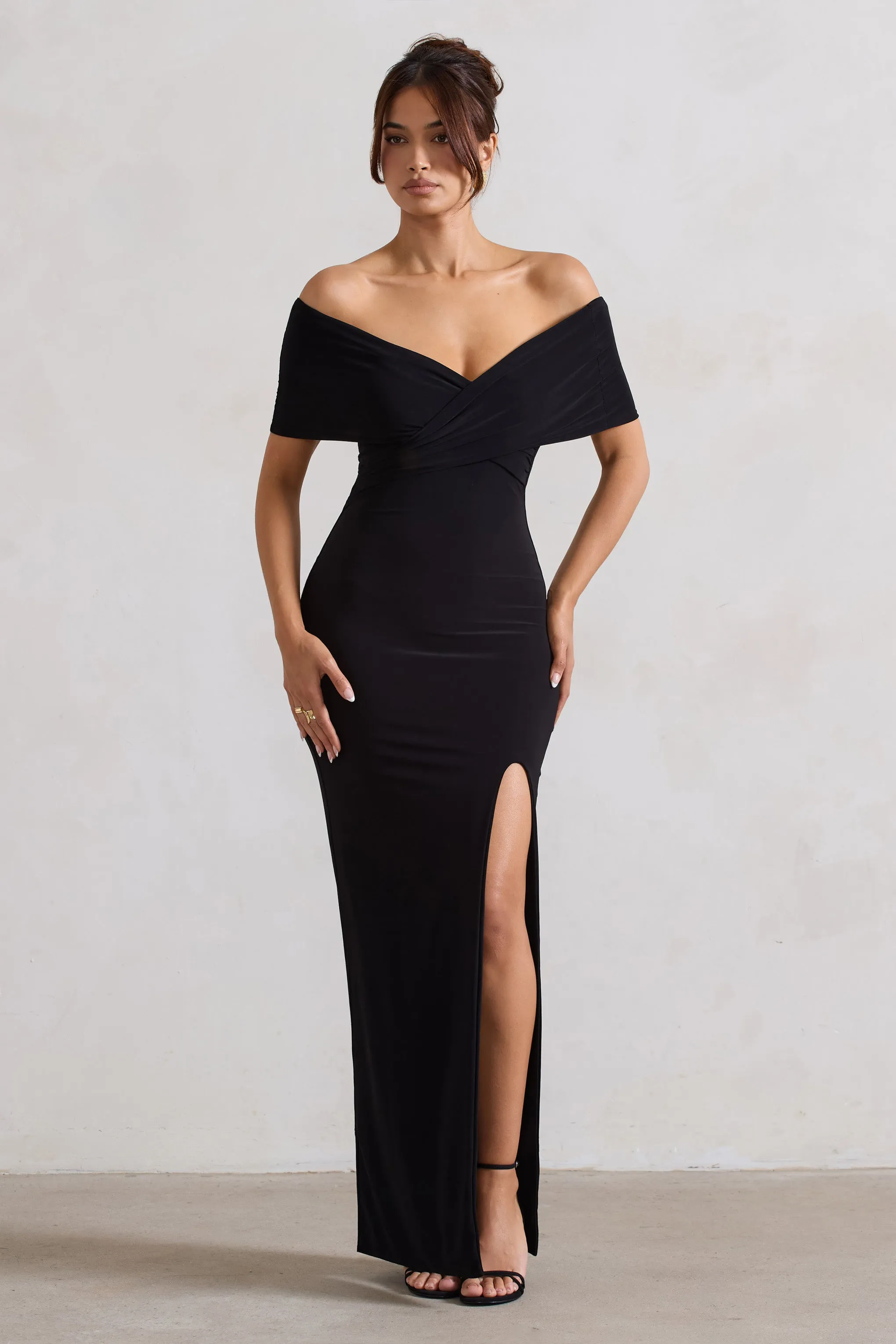 Refined | Black Twist Front Bardot Maxi Dress sold by Club L London