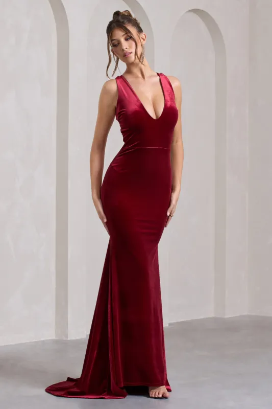 Elisabetta | Berry Velvet Plunge-Neck Fishtail Maxi Dress sold by Club L London