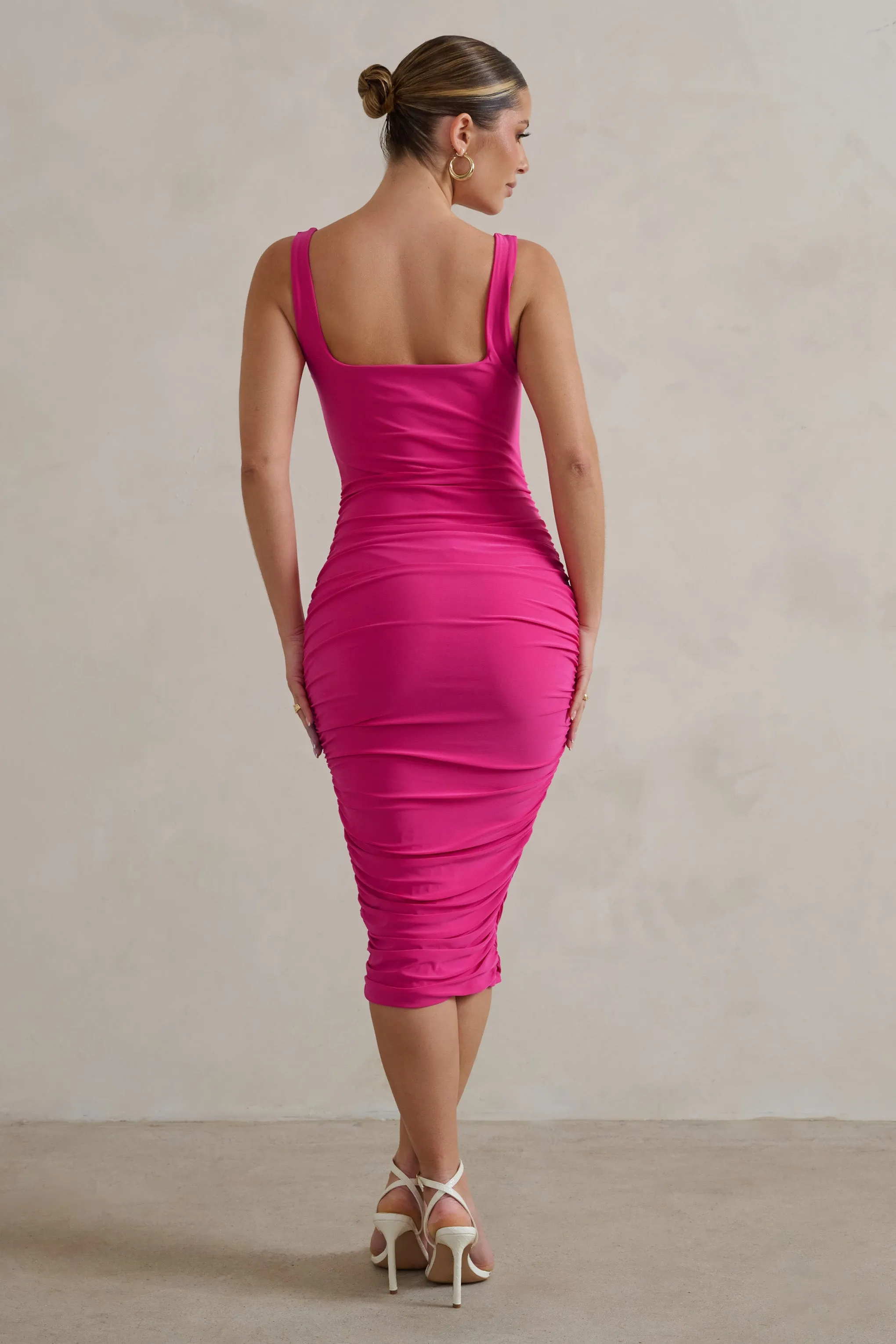 Lisbon | Hot Pink Square Neck Ruched Midi Dress sold by Club L London product image thumbnail 2