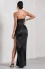 Expose | Black Satin Sweetheart Corset Asymmetric Maxi Dress sold by Club L London
