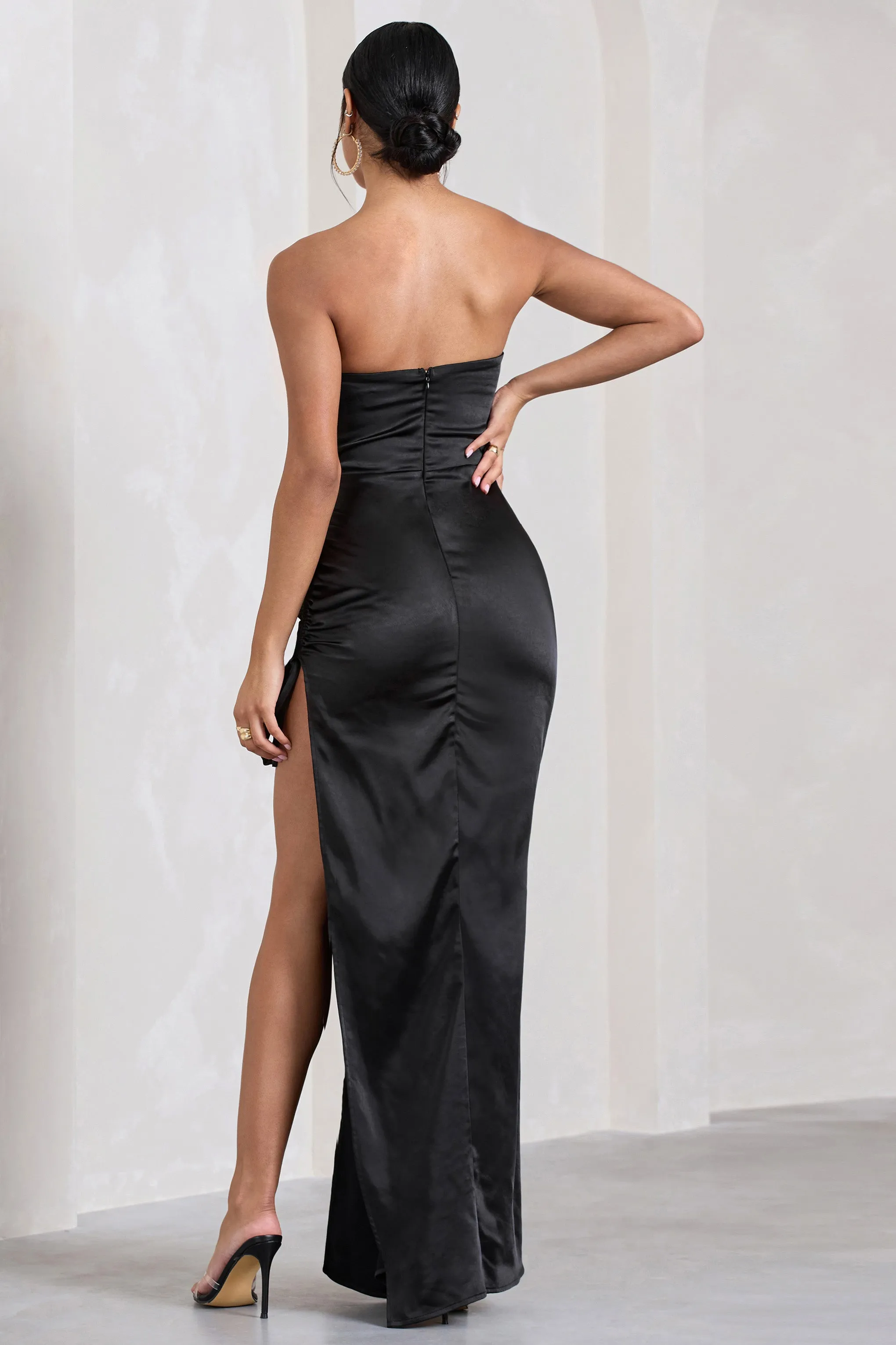 Expose | Black Satin Sweetheart Corset Asymmetric Maxi Dress sold by Club L London product image thumbnail 2
