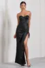 Expose | Black Satin Sweetheart Corset Asymmetric Maxi Dress sold by Club L London