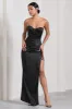 Expose | Black Satin Sweetheart Corset Asymmetric Maxi Dress sold by Club L London