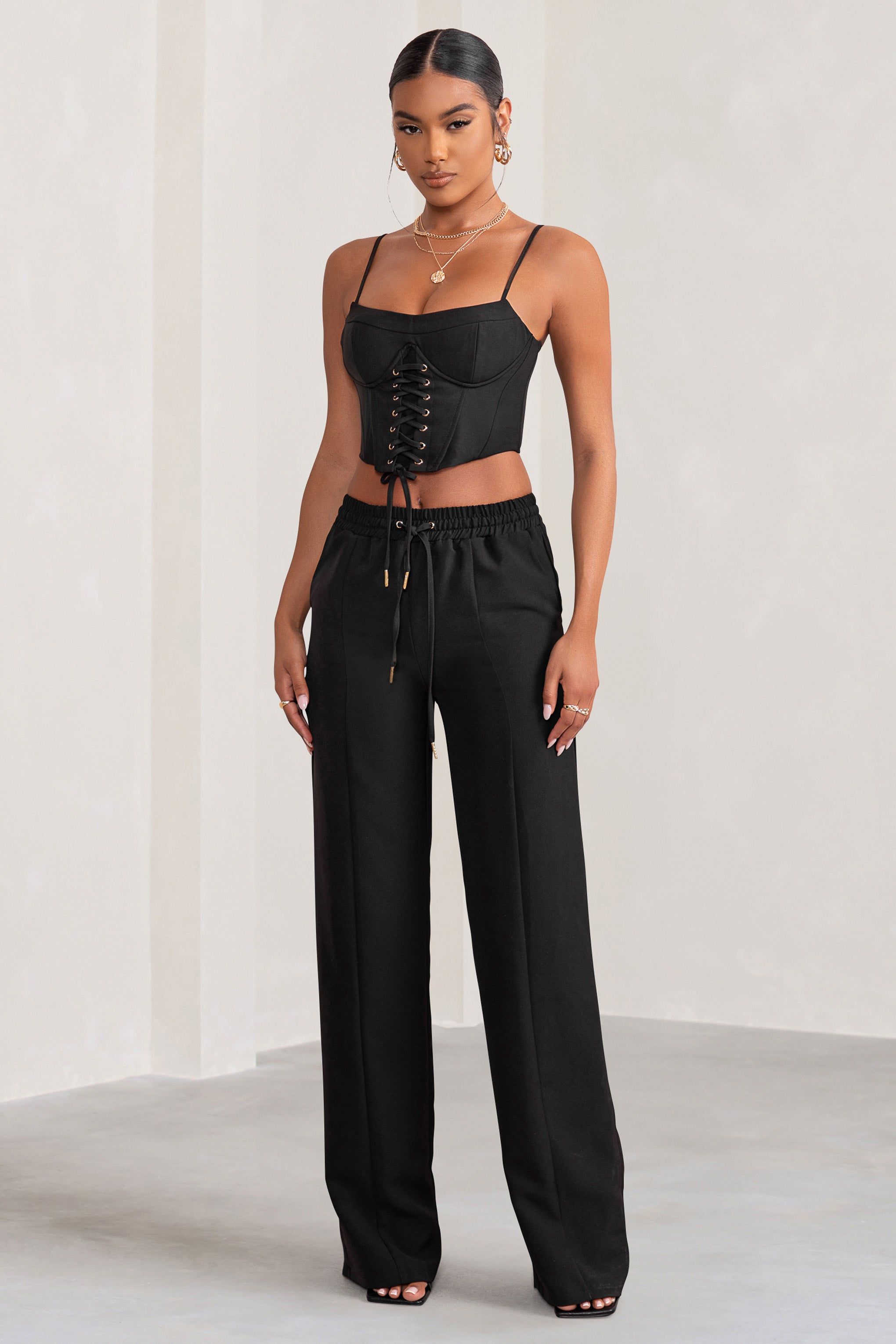 Grandiose | Black High Waist Straight Leg Trousers sold by Club L London