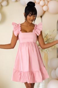 Dolly Daze | Pink Maternity Ruffle Sleeve Babydoll Mini Dress sold by Club L London