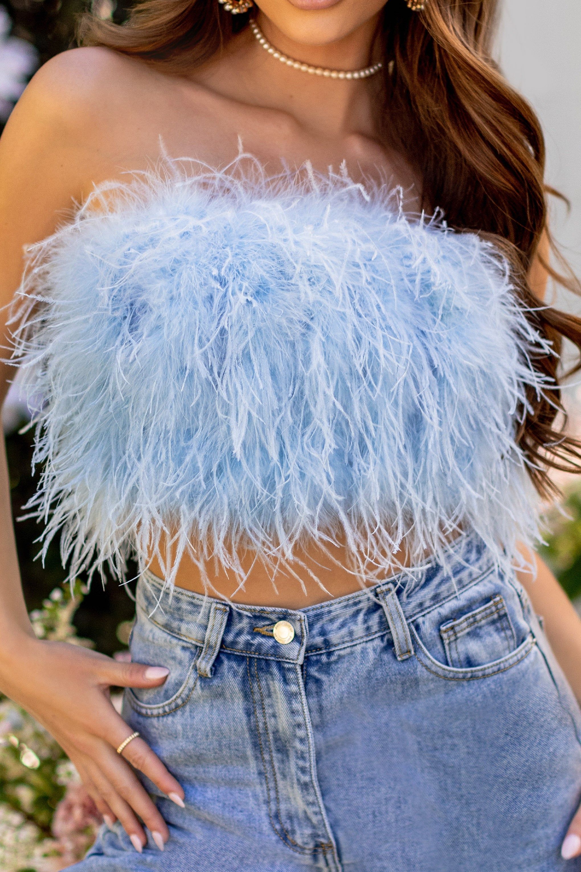 Dream Daze | Powder Blue Feather Bandeau Top sold by Club L London product image thumbnail 5