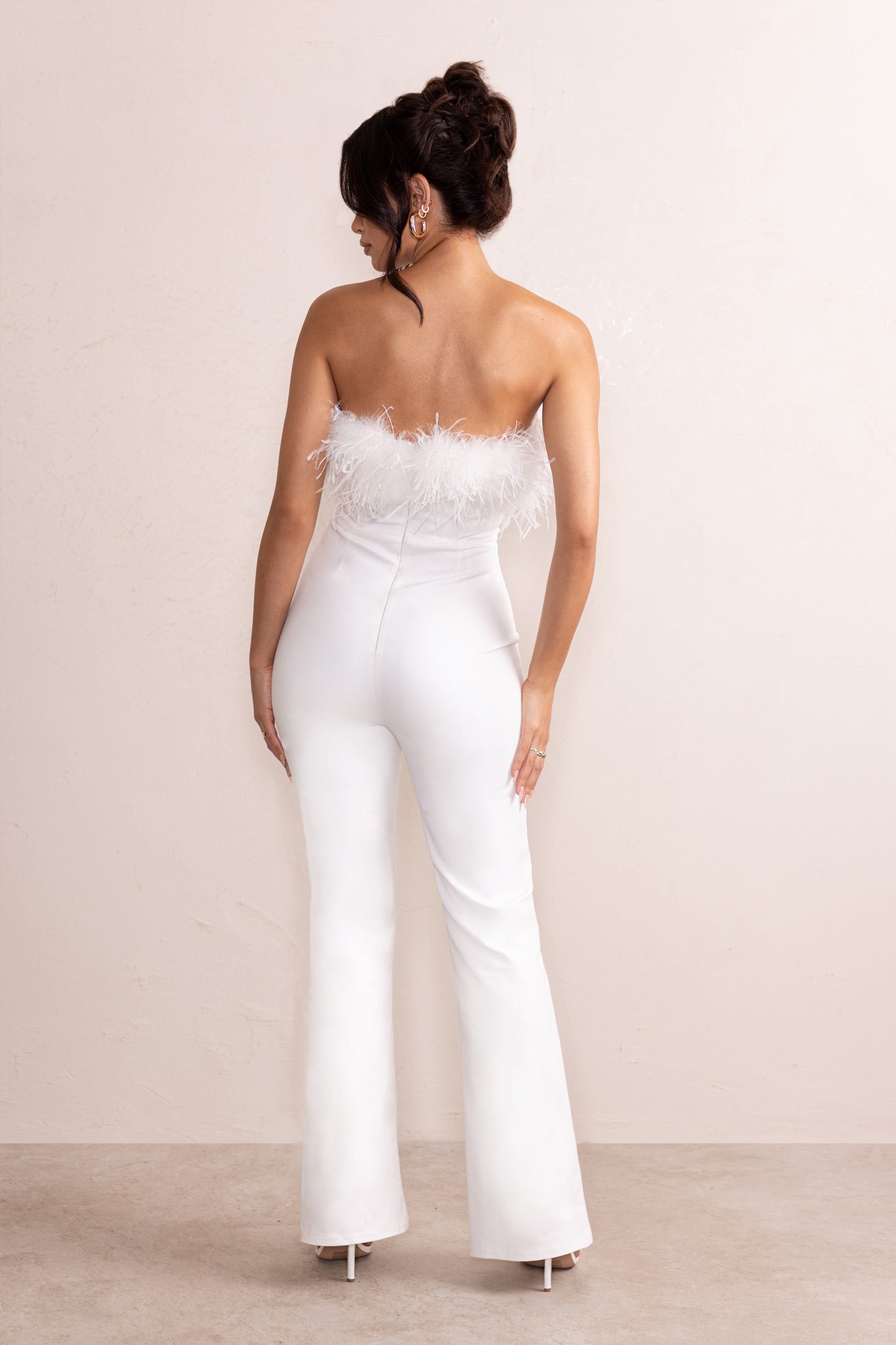 Tessa | White Shaped Neckline Corset Jumpsuit With Feather Trim Detail sold by Club L London product image thumbnail 2