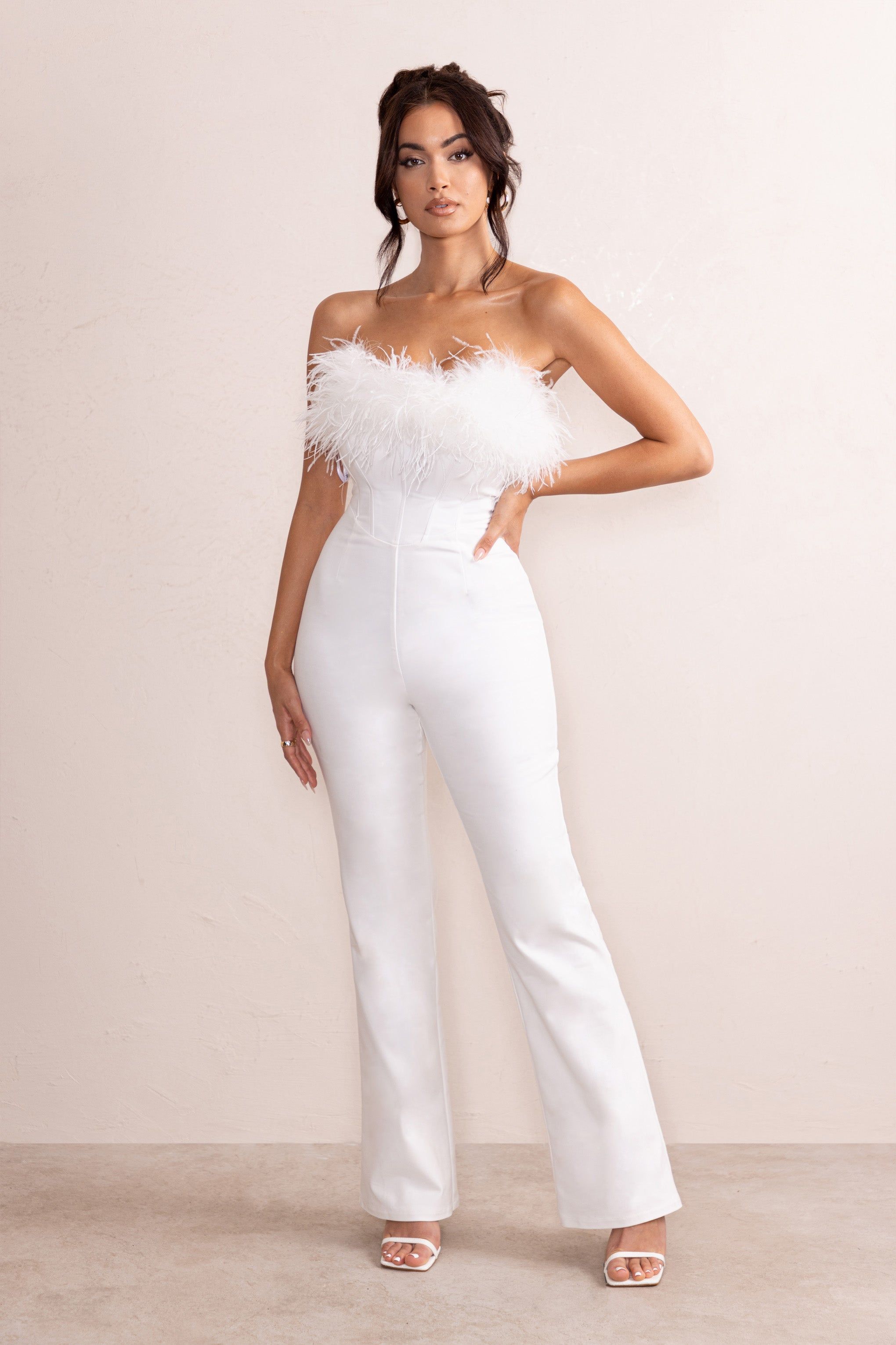 Tessa | White Shaped Neckline Corset Jumpsuit With Feather Trim Detail sold by Club L London product image thumbnail 4