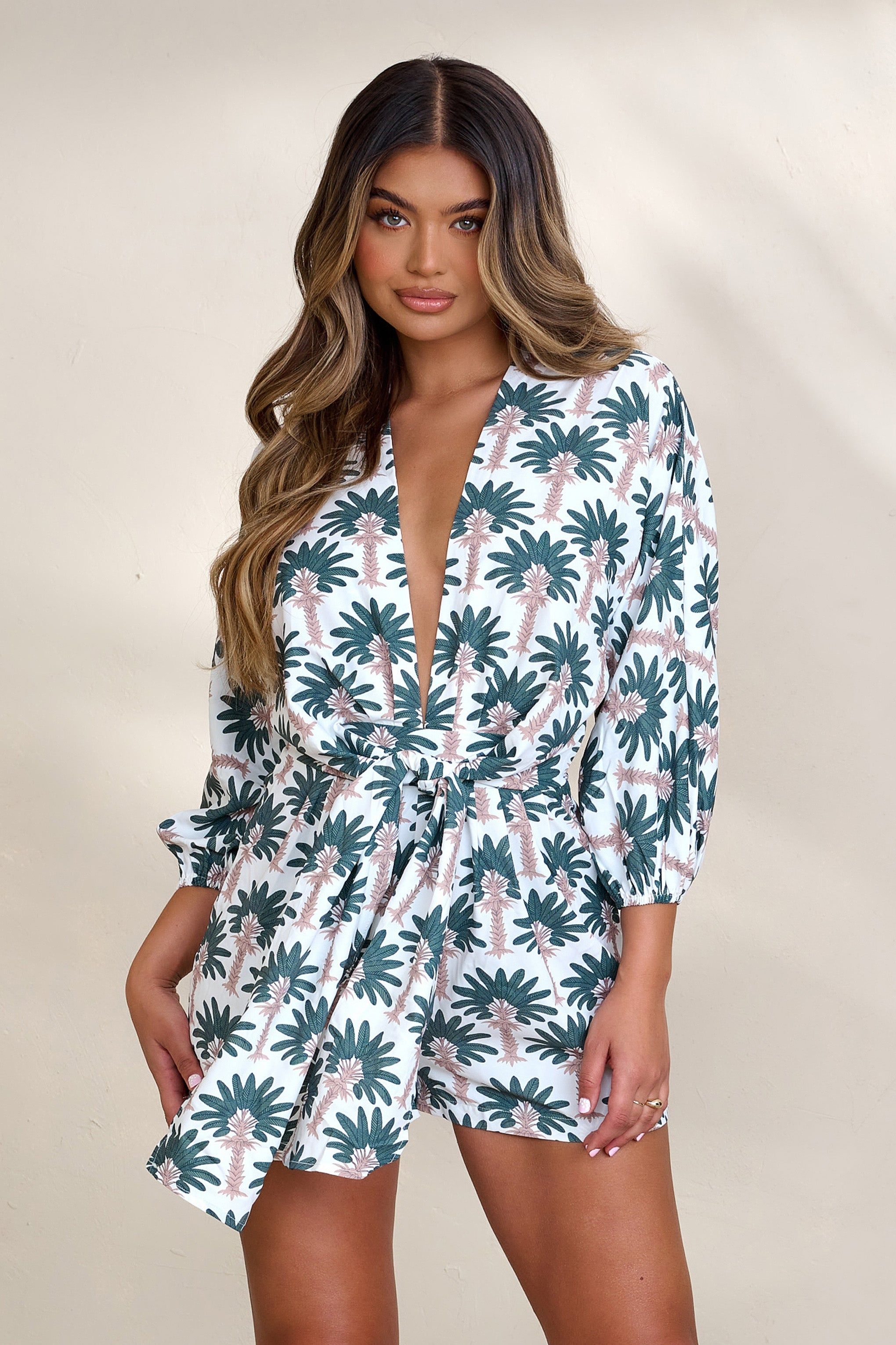Summer Skies | Tropical Print Plunge Playsuit sold by Club L London product image thumbnail 4