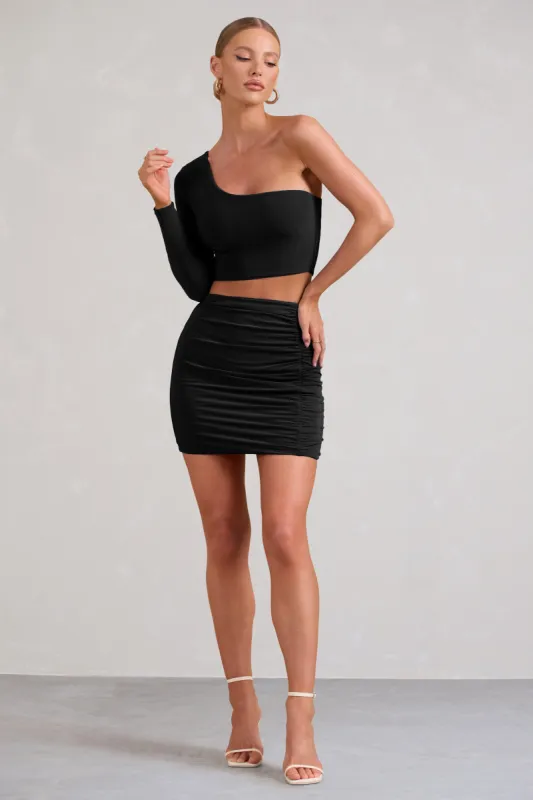 Step Out | Black Ruched Mini Skirt With Split sold by Club L London