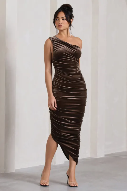 Dorit | Chocolate Velvet One Shoulder Asymmetric Ruched Midi Dress sold by Club L London