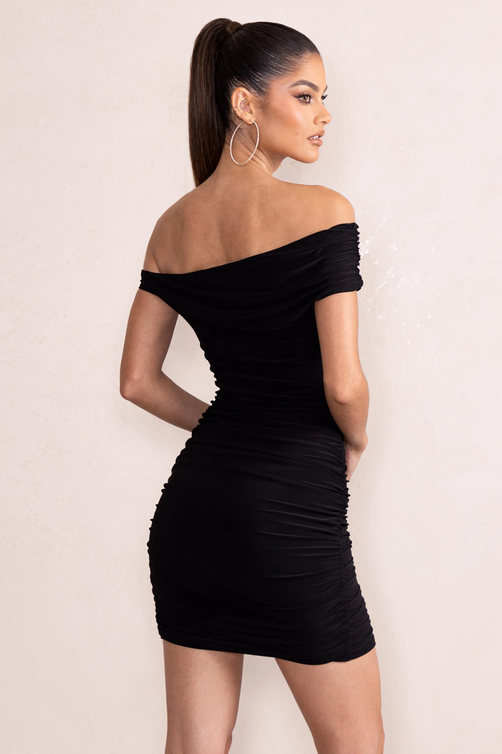 Coco | Black Asymmetric Bardot Mini Dress With Ruching Detail sold by Club L London product image thumbnail 2