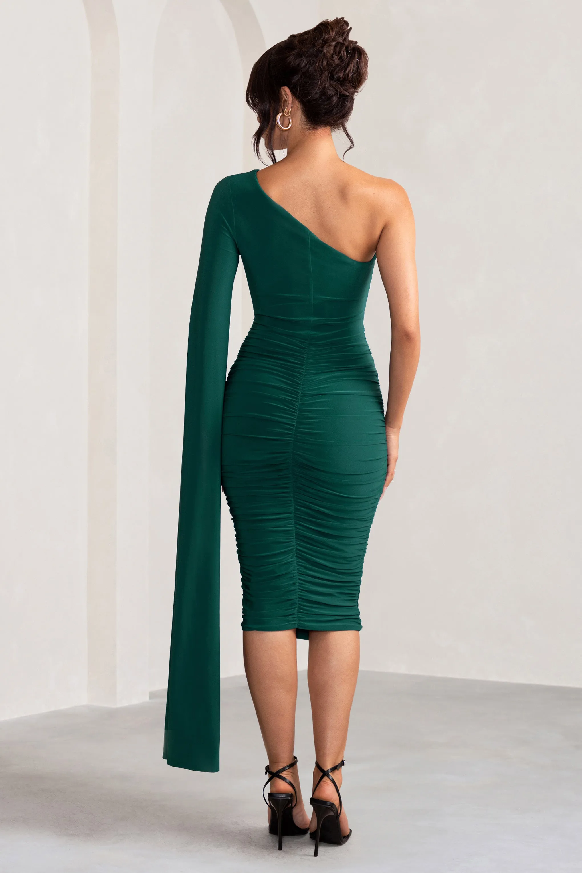 Yara | Bottle Green One Shoulder Cape Ruched Midi Dress sold by Club L London product image thumbnail 2