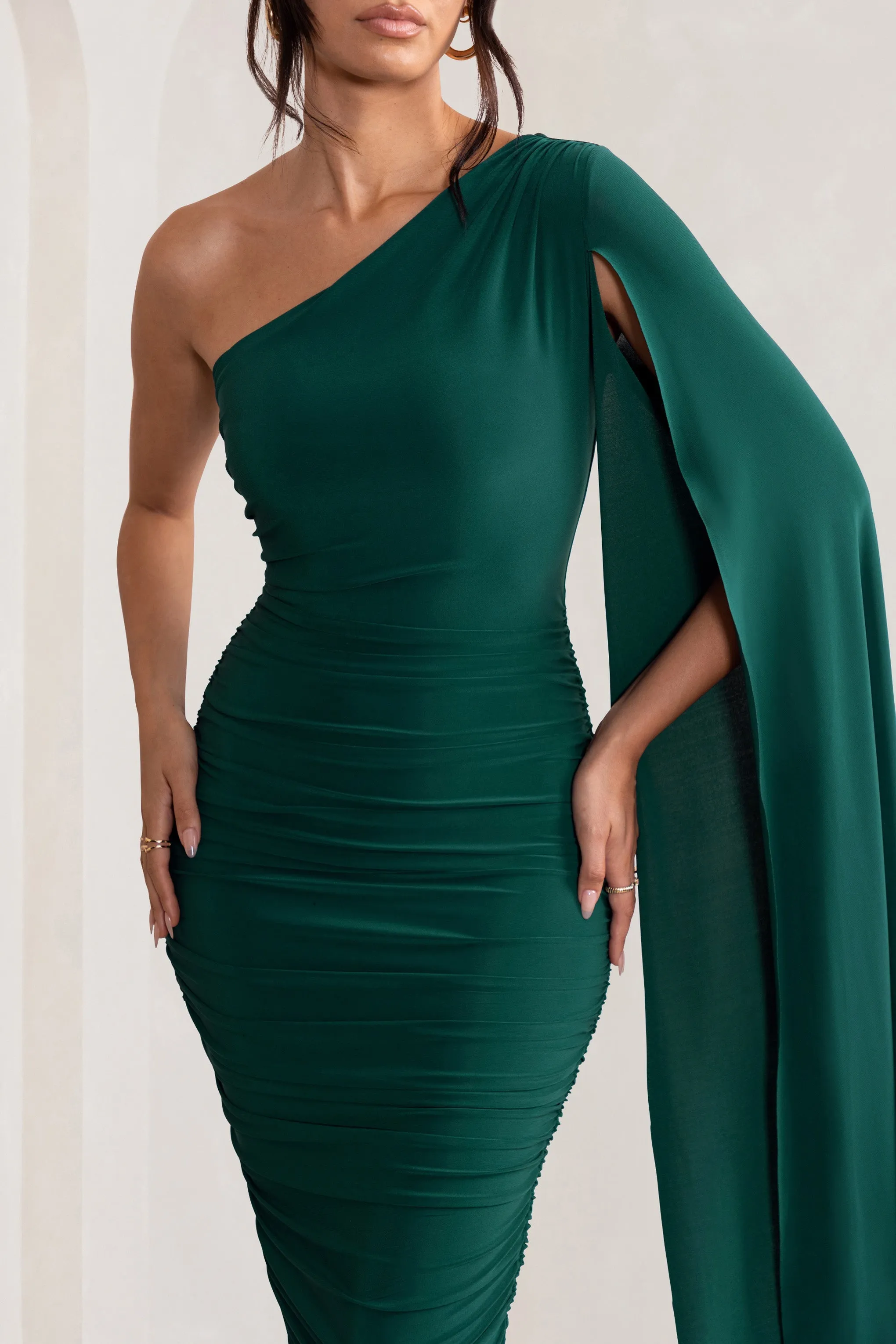 Yara | Bottle Green One Shoulder Cape Ruched Midi Dress sold by Club L London product image thumbnail 3