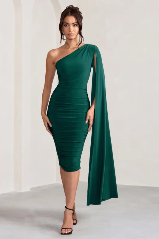 Yara | Bottle Green One Shoulder Cape Ruched Midi Dress sold by Club L London