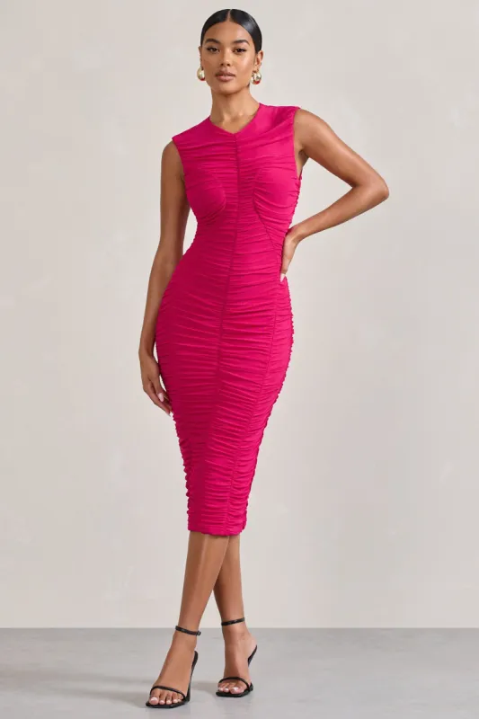 Alight | Fuchsia Pink Ruched Mesh Sleeveless Bodycon Midi Dress sold by Club L London
