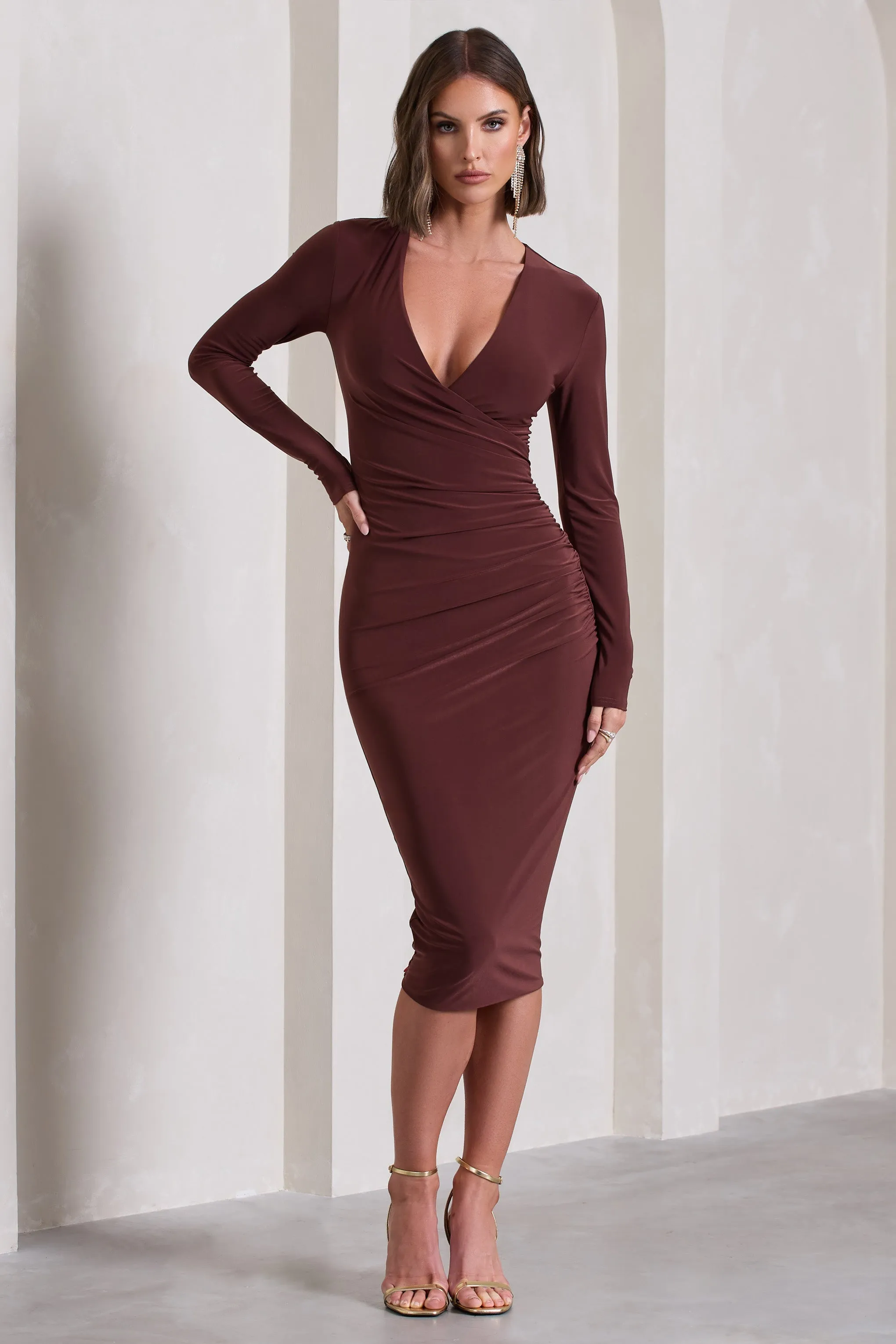 Marcia | Chocolate Brown Bodycon Plunge-Neck Midi Dress sold by Club L London