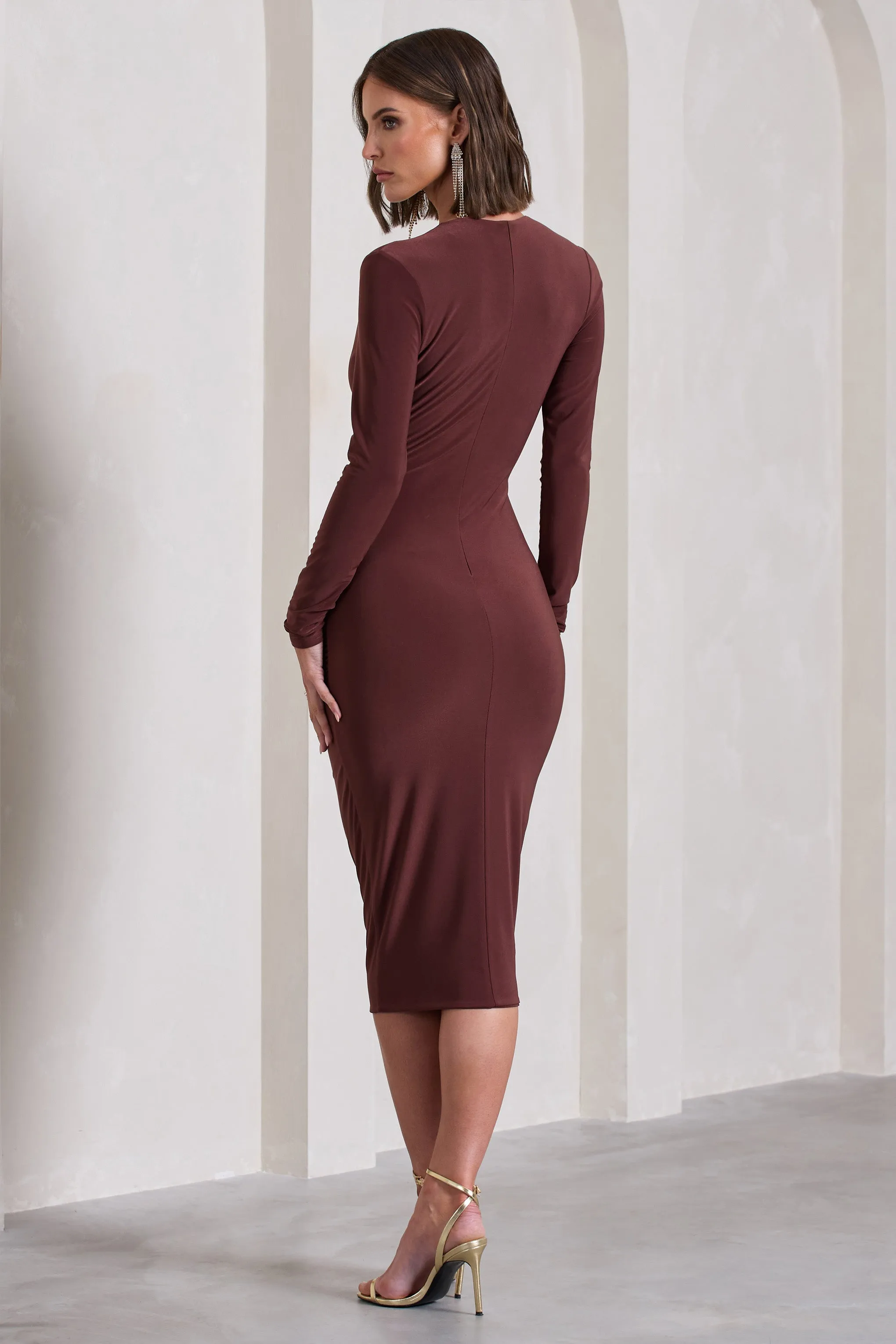 Marcia | Chocolate Brown Bodycon Plunge-Neck Midi Dress sold by Club L London product image thumbnail 2