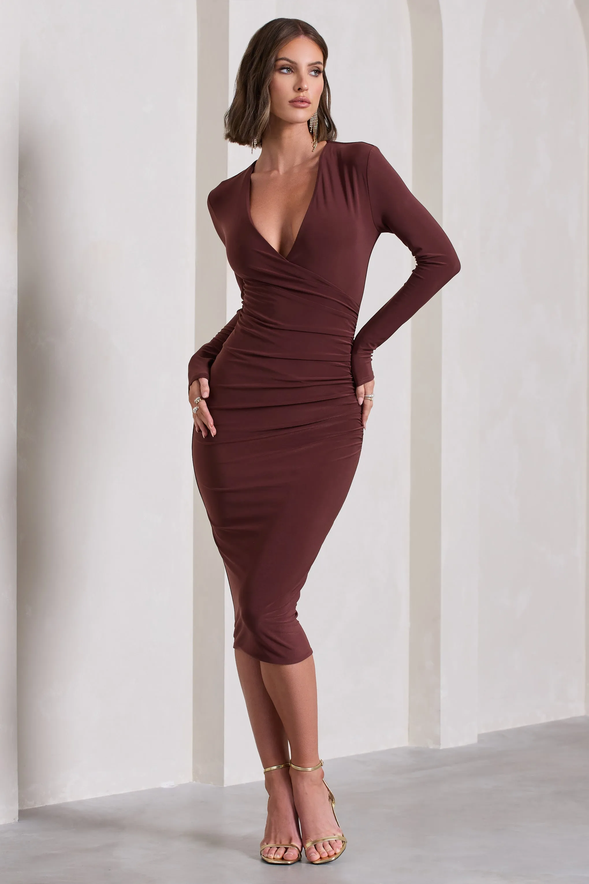 Marcia | Chocolate Brown Bodycon Plunge-Neck Midi Dress sold by Club L London product image thumbnail 4
