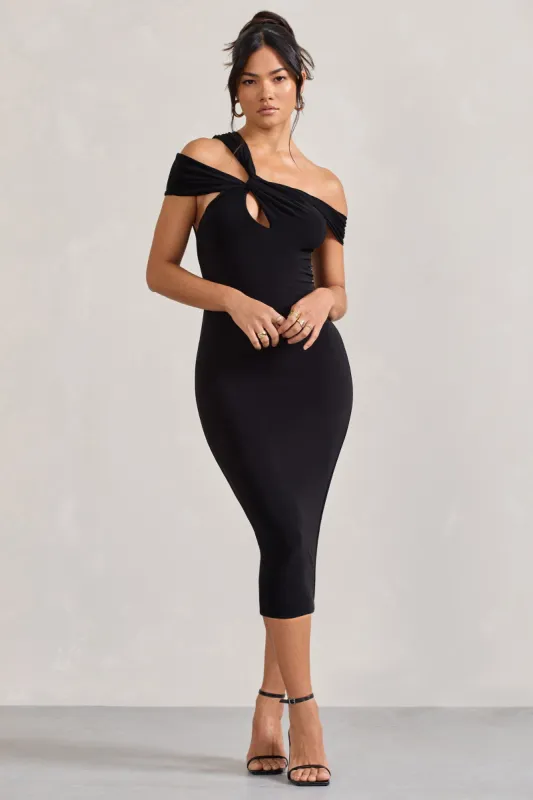 Chain Reaction | Black Strappy Asymmetric Bodycon Midi Dress sold by Club L London