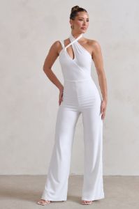 Tilly | White Cut Out Halterneck Asymmetrical Jumpsuit sold by Club L London