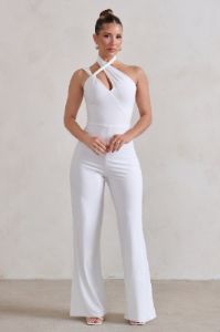 Tilly | White Cut Out Halterneck Asymmetrical Jumpsuit sold by Club L London