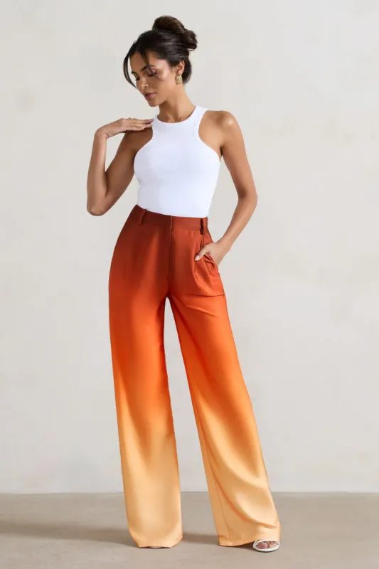 Last Light | Orange Ombre Satin Wide-Leg Trousers sold by Club L London