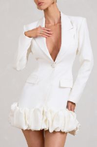 Cloud Catching | White Tailored Blazer Mini Dress With Ruffled Hem sold by Club L London
