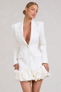 Cloud Catching | White Tailored Blazer Mini Dress With Ruffled Hem sold by Club L London